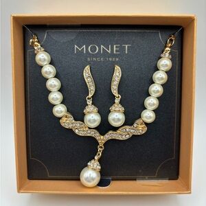 Monet Gold-Tone Pearl and Crystal Necklace with Drop Pearl Earrings - Ivory
